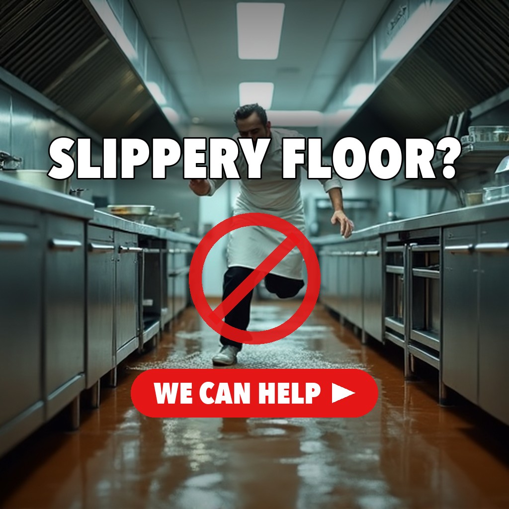 Chef slipping on a wet commercial kitchen floor - anti-slip floor treatment can help
