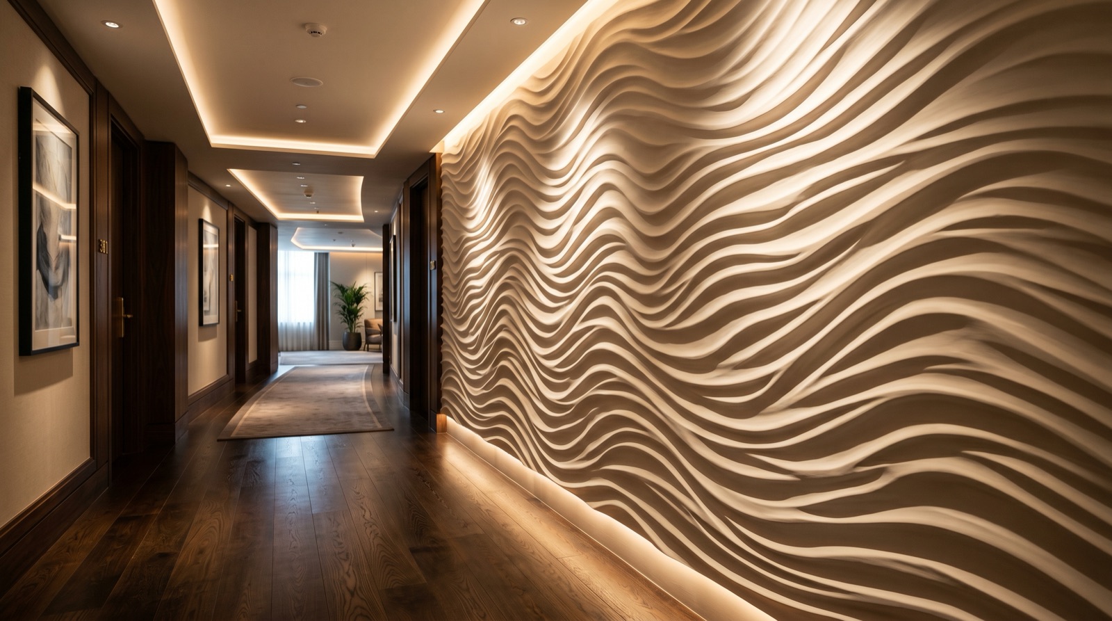 Customized 3D sculpted wall panels in a hotel corridor