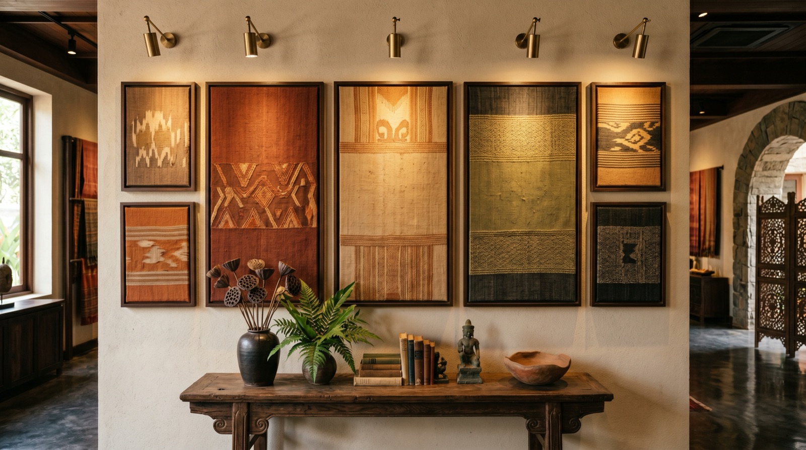 Hanging art boards on a boutique hotel wall in Cambodia