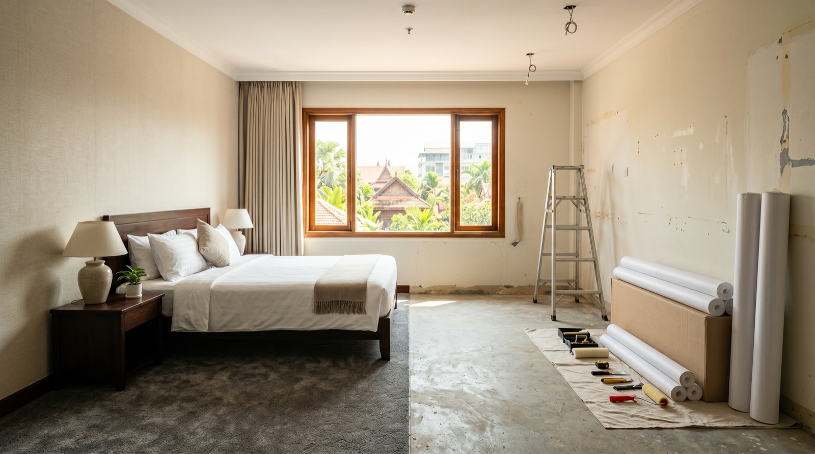 Hotel room being renovated with new wallcovering while the hotel stays open