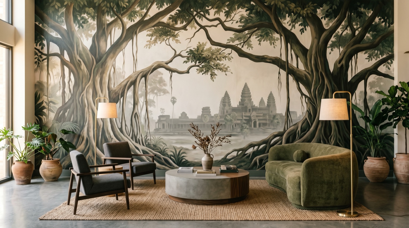 Custom mural wallpaper feature wall in a Cambodian hotel