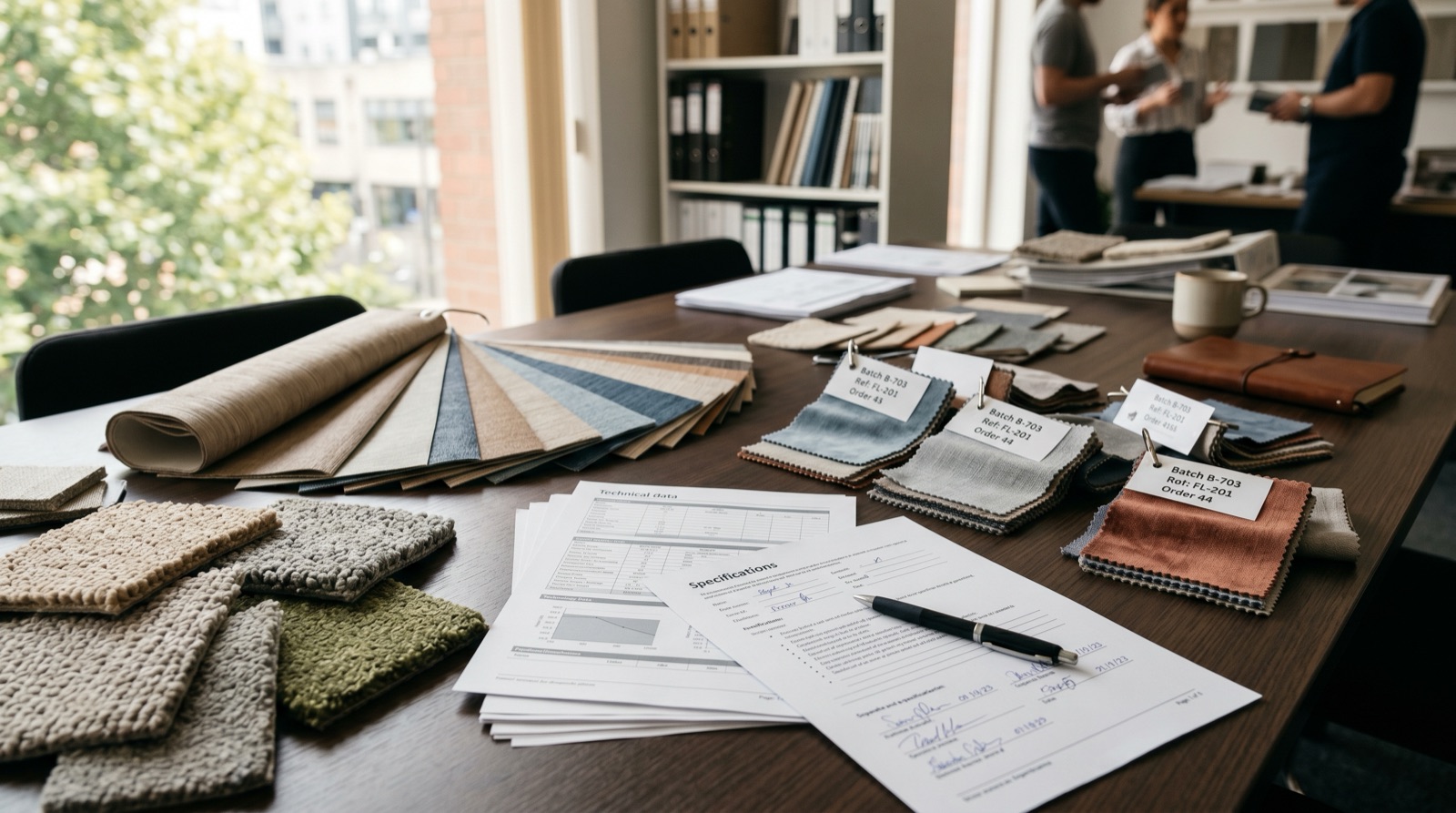Material samples and specification documents on a project table