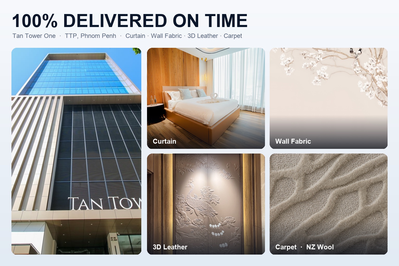 Tan Tower One, Toul Tum Poung Phnom Penh, with curtains, wall fabric, 3D leather and carpet by Material Supply Pro