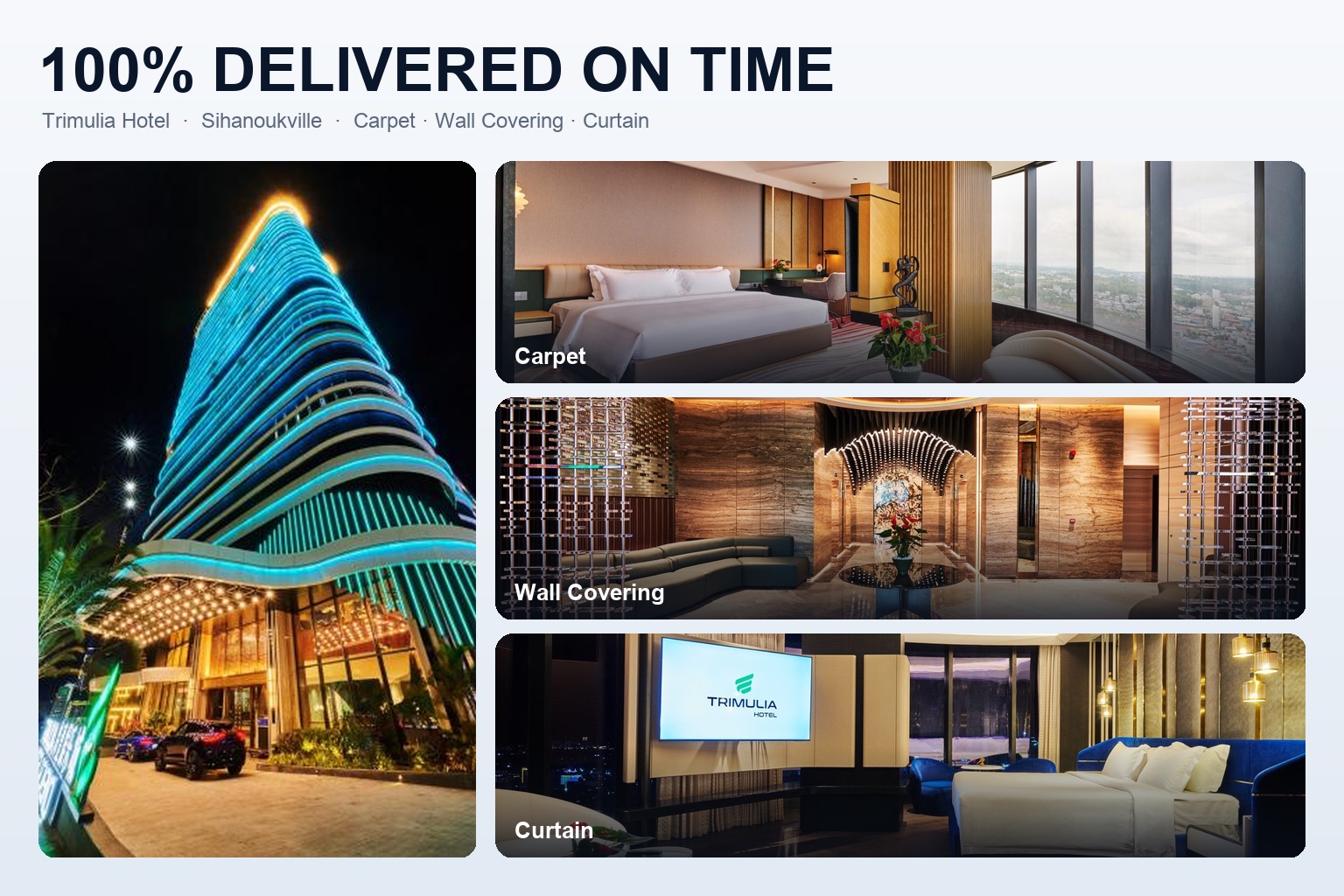 Trimulia Hotel Sihanoukville, casino and office tower, with carpet, wall coverings and curtains by Material Supply Pro