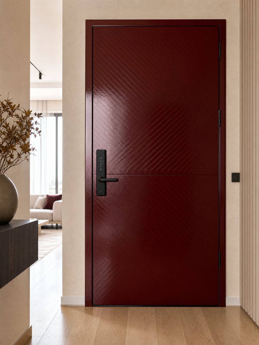 Steel security entrance door in glossy burgundy with embossed face and smart lock