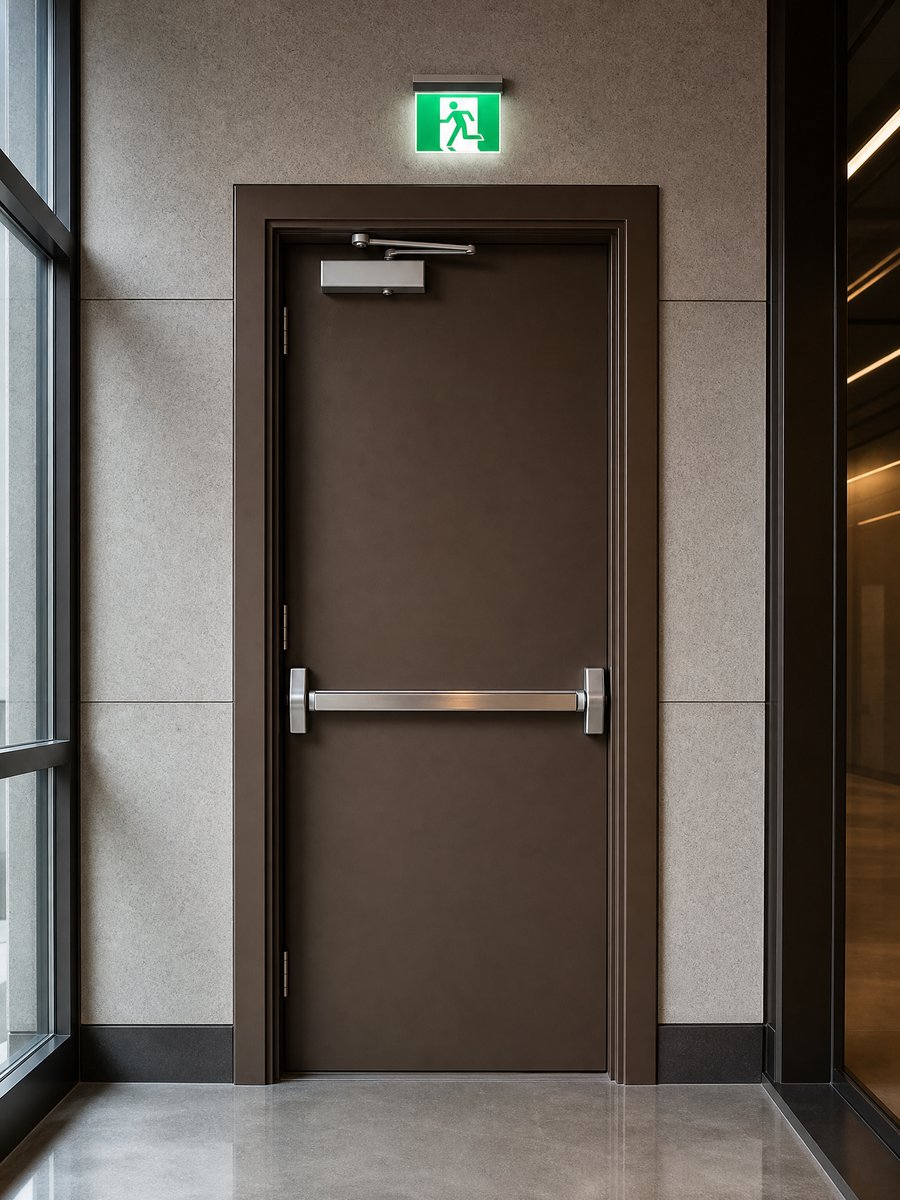 Bronze fire-rated exit door with stainless panic push-bar