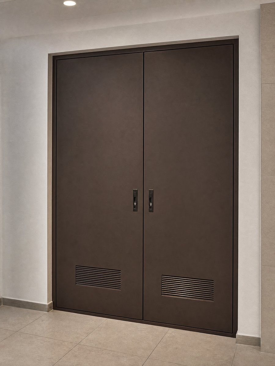 Double-leaf electrical riser shaft doors open in a corridor